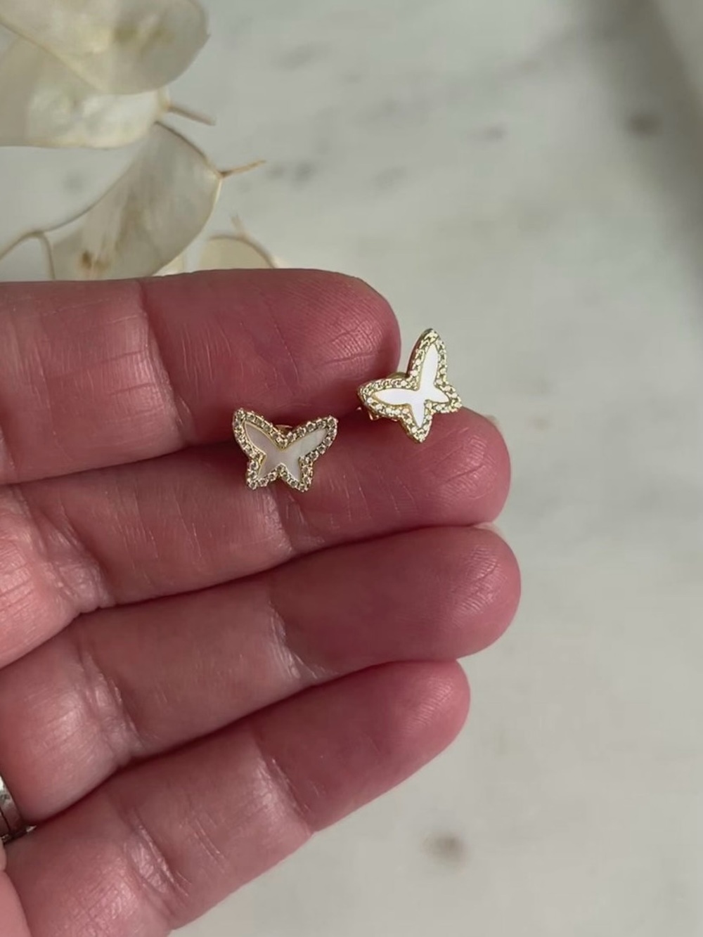 NWT Mother of Pearl Gold and White Butterfly Crystal Stud Earrings
